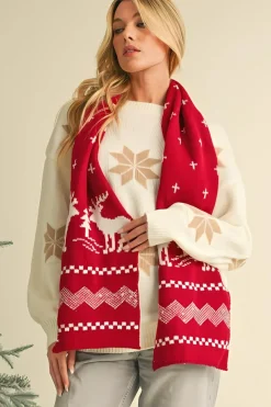 Clearance Dear-Lover Elk Christmas Tree Print Knitted Scarf Burgundy