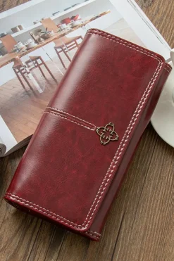 Outlet Dear-Lover Faux Leather Vintage Decor Bifold Long Wallet Burgundy