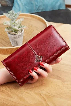 Outlet Dear-Lover Faux Leather Vintage Decor Bifold Long Wallet Burgundy
