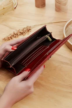 Outlet Dear-Lover Faux Leather Vintage Decor Bifold Long Wallet Burgundy