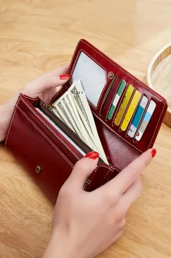 Outlet Dear-Lover Faux Leather Vintage Decor Bifold Long Wallet Burgundy