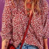 Online Dear-Lover Floral Print Smocked Tie Neck Blouse Burgundy