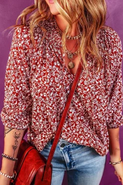 Online Dear-Lover Floral Print Smocked Tie Neck Blouse Burgundy