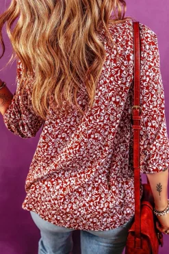 Online Dear-Lover Floral Print Smocked Tie Neck Blouse Burgundy