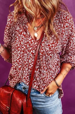 Online Dear-Lover Floral Print Smocked Tie Neck Blouse Burgundy