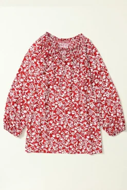 Online Dear-Lover Floral Print Smocked Tie Neck Blouse Burgundy