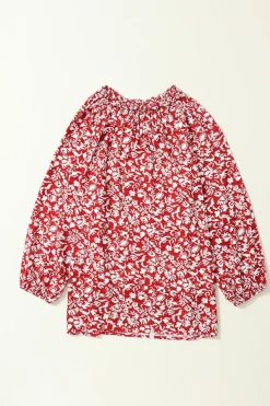 Online Dear-Lover Floral Print Smocked Tie Neck Blouse Burgundy