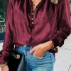 Best Dear-Lover Frilled Neck Buttoned Front Velvet Top Burgundy