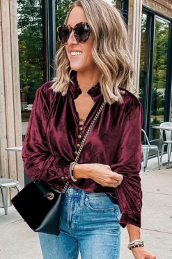 Best Dear-Lover Frilled Neck Buttoned Front Velvet Top Burgundy