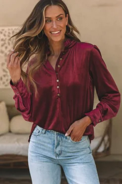 Best Dear-Lover Frilled Neck Buttoned Front Velvet Top Burgundy