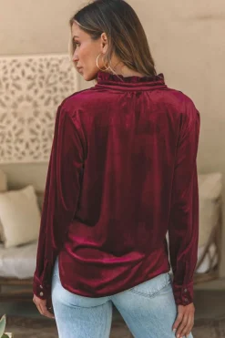 Best Dear-Lover Frilled Neck Buttoned Front Velvet Top Burgundy