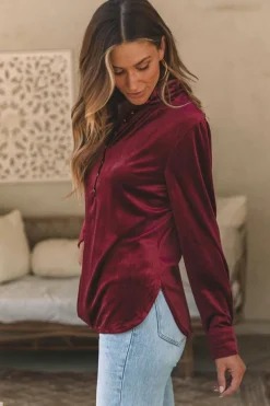 Best Dear-Lover Frilled Neck Buttoned Front Velvet Top Burgundy