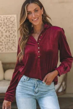 Best Dear-Lover Frilled Neck Buttoned Front Velvet Top Burgundy