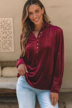 Best Dear-Lover Frilled Neck Buttoned Front Velvet Top Burgundy