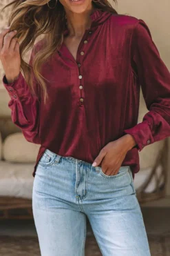 Best Dear-Lover Frilled Neck Buttoned Front Velvet Top Burgundy