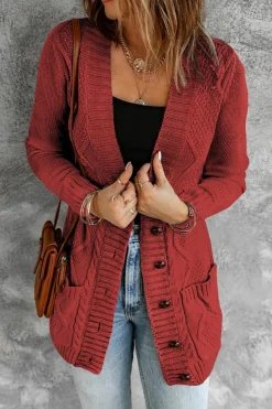 New Dear-Lover Burgundy Front Pocket and Buttons Closure Cardigan Fiery Red