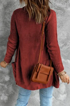New Dear-Lover Burgundy Front Pocket and Buttons Closure Cardigan Fiery Red
