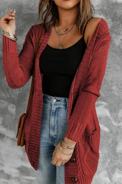 New Dear-Lover Burgundy Front Pocket and Buttons Closure Cardigan Fiery Red