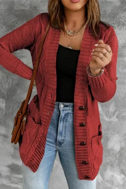 New Dear-Lover Burgundy Front Pocket and Buttons Closure Cardigan Fiery Red