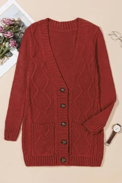 New Dear-Lover Burgundy Front Pocket and Buttons Closure Cardigan Fiery Red
