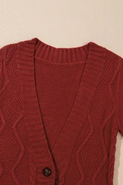 New Dear-Lover Burgundy Front Pocket and Buttons Closure Cardigan Fiery Red