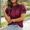 Clearance Dear-Lover Glittering Sequin Short Bubble Sleeve Blouse Burgundy