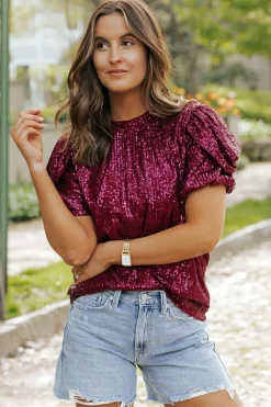 Clearance Dear-Lover Glittering Sequin Short Bubble Sleeve Blouse Burgundy