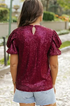 Clearance Dear-Lover Glittering Sequin Short Bubble Sleeve Blouse Burgundy