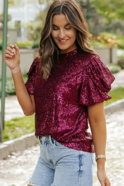 Clearance Dear-Lover Glittering Sequin Short Bubble Sleeve Blouse Burgundy