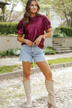 Clearance Dear-Lover Glittering Sequin Short Bubble Sleeve Blouse Burgundy