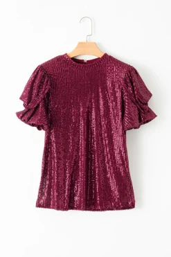Clearance Dear-Lover Glittering Sequin Short Bubble Sleeve Blouse Burgundy