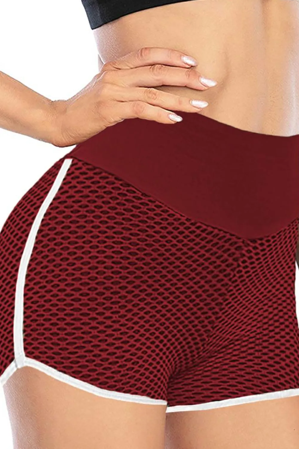 Sale Dear-Lover Burgundy High Waist Honeycomb Contrast Stripes Butt Lifting Yoga Shorts Fiery Red