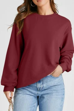 Hot Dear-Lover Plain Drop Shoulder Crewneck Pullover Sweatshirt Burgundy