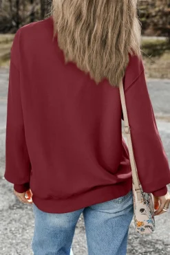 Hot Dear-Lover Plain Drop Shoulder Crewneck Pullover Sweatshirt Burgundy
