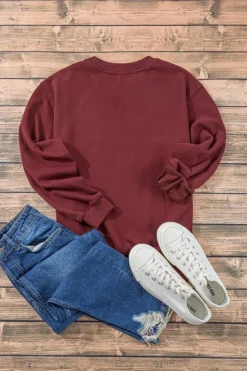 Hot Dear-Lover Plain Drop Shoulder Crewneck Pullover Sweatshirt Burgundy