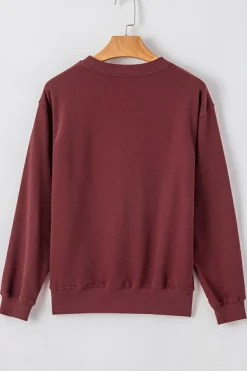 Hot Dear-Lover Plain Drop Shoulder Crewneck Pullover Sweatshirt Burgundy