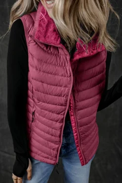 Clearance Dear-Lover Plush Collared Quilted Zipped Puffer Vest Burgundy
