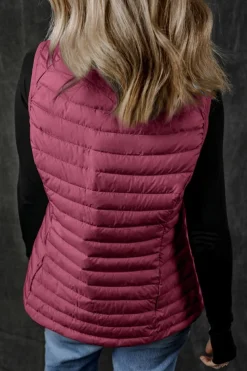 Clearance Dear-Lover Plush Collared Quilted Zipped Puffer Vest Burgundy
