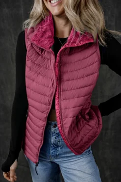 Clearance Dear-Lover Plush Collared Quilted Zipped Puffer Vest Burgundy