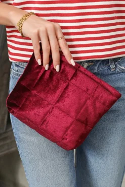 Sale Dear-Lover Quilted Velour Zipper Cosmetic Organize Pouch Burgundy