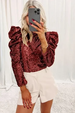 New Dear-Lover Sequin Mock Neck Bubble Sleeve Top Burgundy