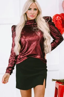 New Dear-Lover Sequin Mock Neck Bubble Sleeve Top Burgundy