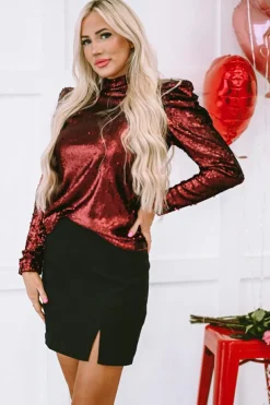 New Dear-Lover Sequin Mock Neck Bubble Sleeve Top Burgundy