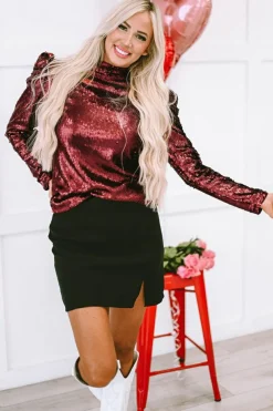 New Dear-Lover Sequin Mock Neck Bubble Sleeve Top Burgundy