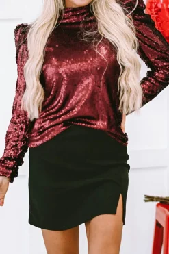New Dear-Lover Sequin Mock Neck Bubble Sleeve Top Burgundy
