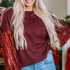 New Dear-Lover Sequin Patchwork Sleeve Open Back Waffle Knit Top Burgundy