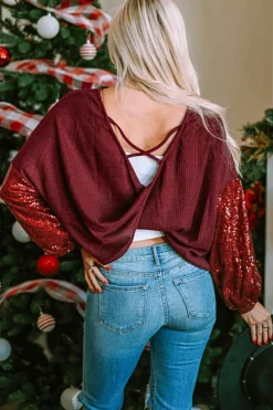 New Dear-Lover Sequin Patchwork Sleeve Open Back Waffle Knit Top Burgundy