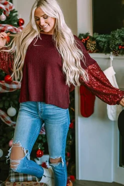 New Dear-Lover Sequin Patchwork Sleeve Open Back Waffle Knit Top Burgundy