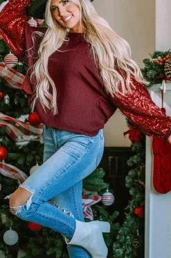 New Dear-Lover Sequin Patchwork Sleeve Open Back Waffle Knit Top Burgundy