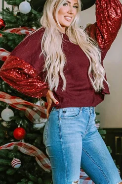 New Dear-Lover Sequin Patchwork Sleeve Open Back Waffle Knit Top Burgundy